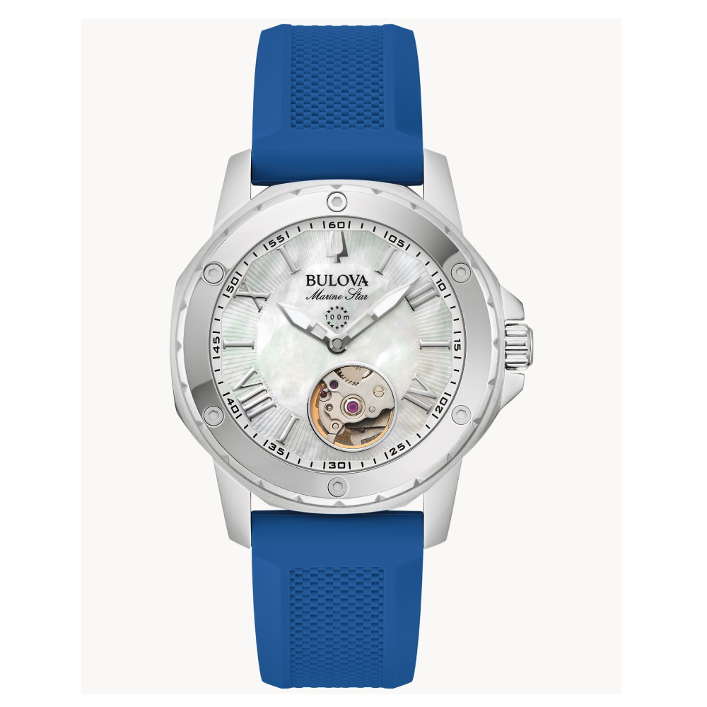 Bulova Marine Star Automatic Skeleton Blue Silicon Women’s Watch (96L324) - POP Phones, New Zealand