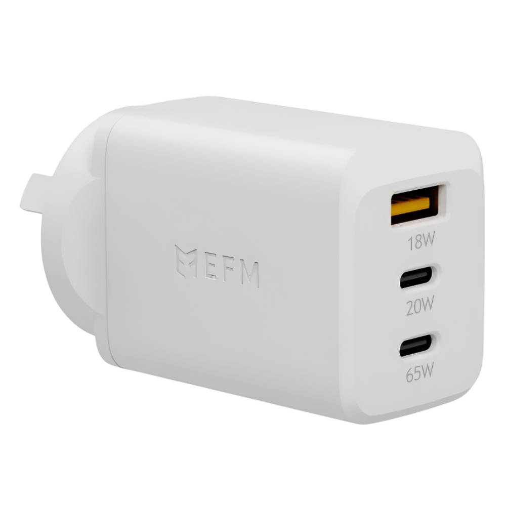 EFM ECO 65W Triple Port Wall Charger With GaN, Power Delivery and PPS (White) - POP Phones, New Zealand